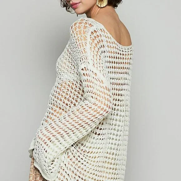 POL Women's Top Large Cream Crochet Mesh Knit Boat Neck Bell Sleeve Sweater - Picture 8 of 9